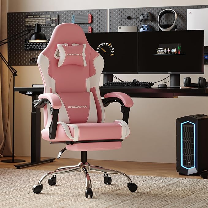 Ergonomic Gaming Chair with Footrest, Heavy Duty 330lbs Office Chair, Massage Lumbar Support, Adjustable Height & Headrest Pillow, Comfortable for Back Pain Relief, Streaming, Long Gaming, Rose
