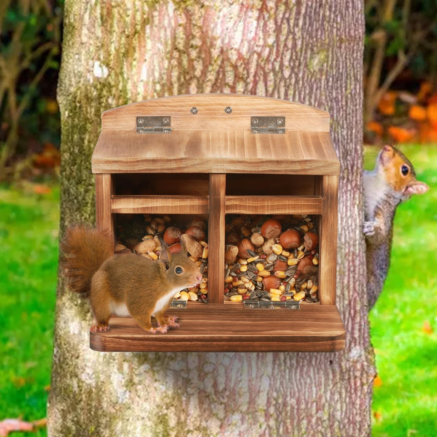 MIXXIDEA Large Squirrel Feeder House, Wooden Squirrel Feeders for Outside, Chipmunk Feeder Made of Thick Wood, No Assembly Required (Brown)