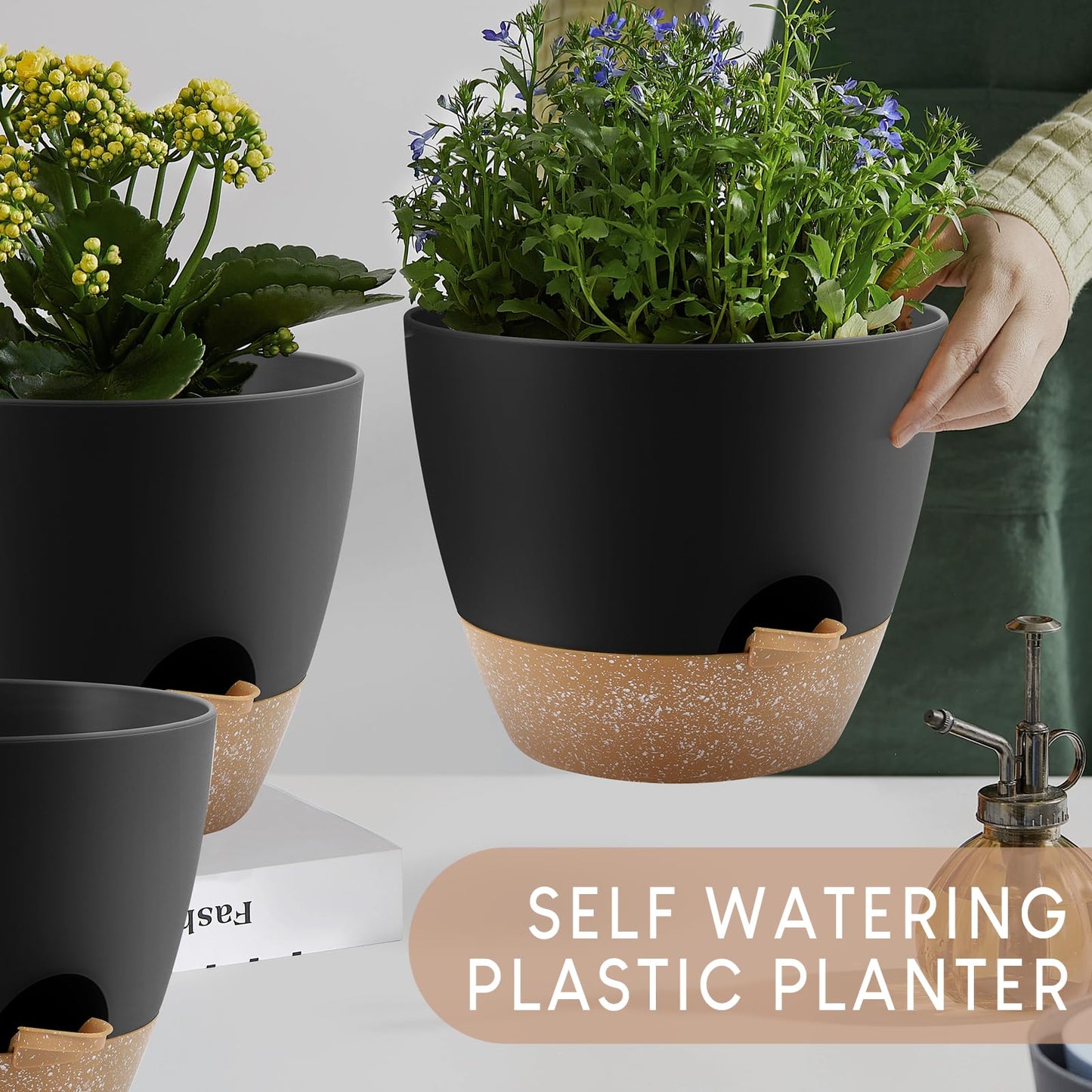 YNNICO Plant Pots 10/9/8/7.5/7 inch, Self Watering Planters with Drainage Holes & Saucers for Indoor and Outdoor Plants (Black)