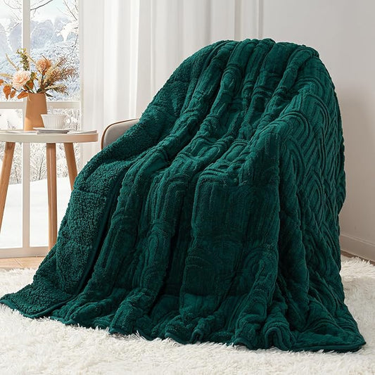 Cottonblue Jacquard Weighted Blanket for Adults 15 lbs Queen Size, Cozy Fluffy Sherpa Fleece Weighted Throw Blankets 60" x 80" for Sleep Relax, Fuzzy Warm Arch Heavy Blanket Soft for Bed Couch, Green