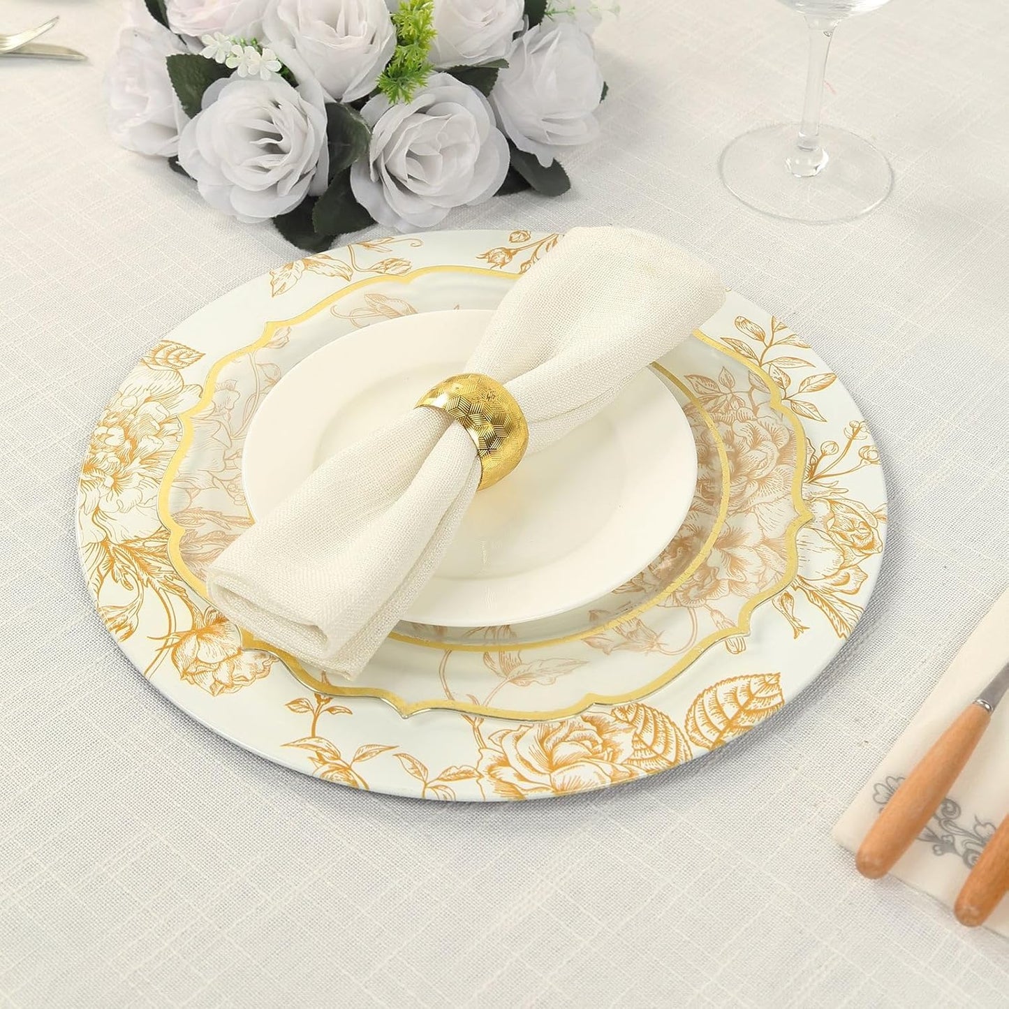 Efavormart 6 Pack White Gold Floral Acrylic Charger Plates in French Toile Pattern, Round Dinner Charger Event Tabletop Decor - 13"