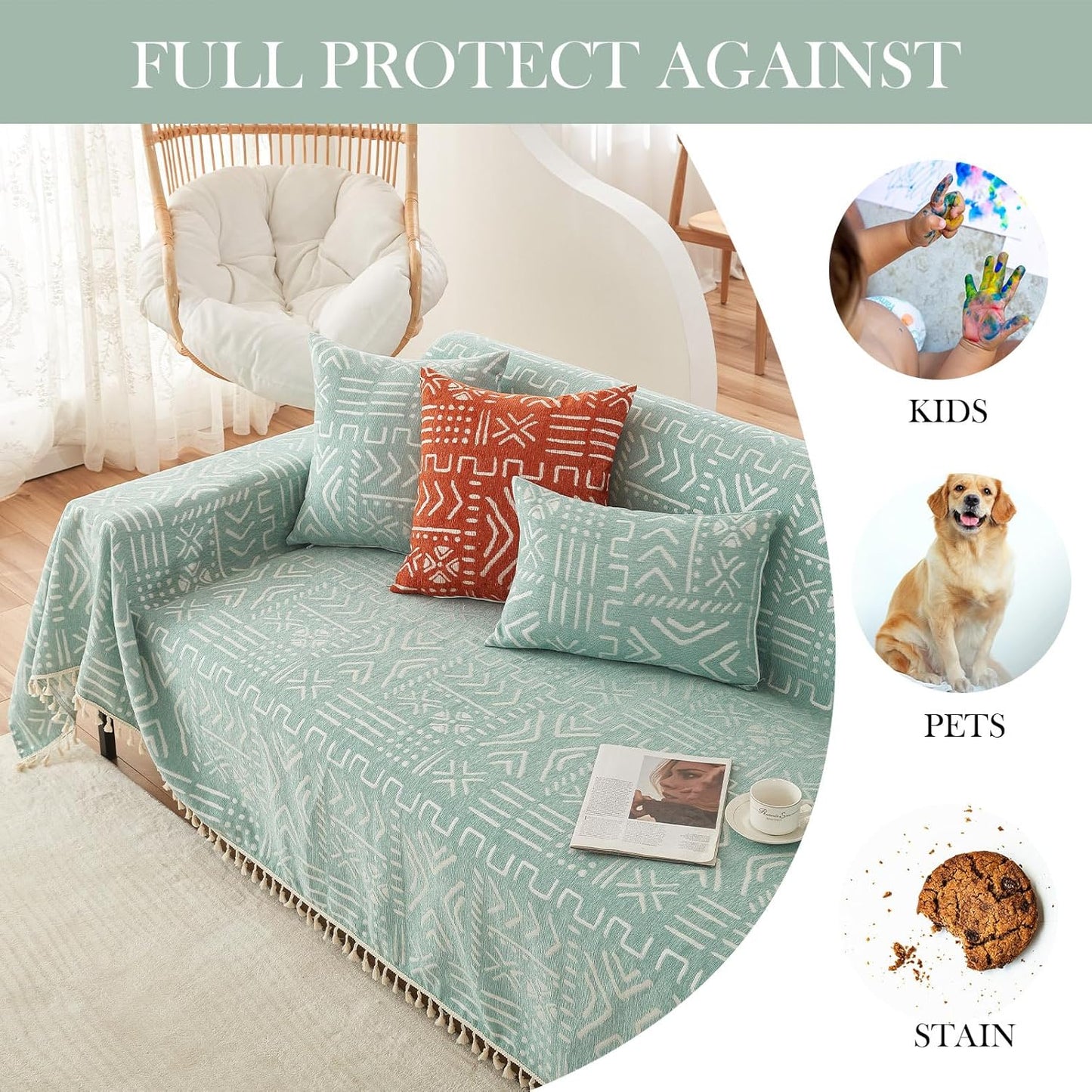 HANDONTIME Farmhouse Couch Cover Tassel Light Green Sofa Covers for Dogs Boho Décor Geometric Aztec Couch Cushion Cover Sofa Protector Cover Sectional Couch Covers for 3 Cushion Couch, 71" X150"