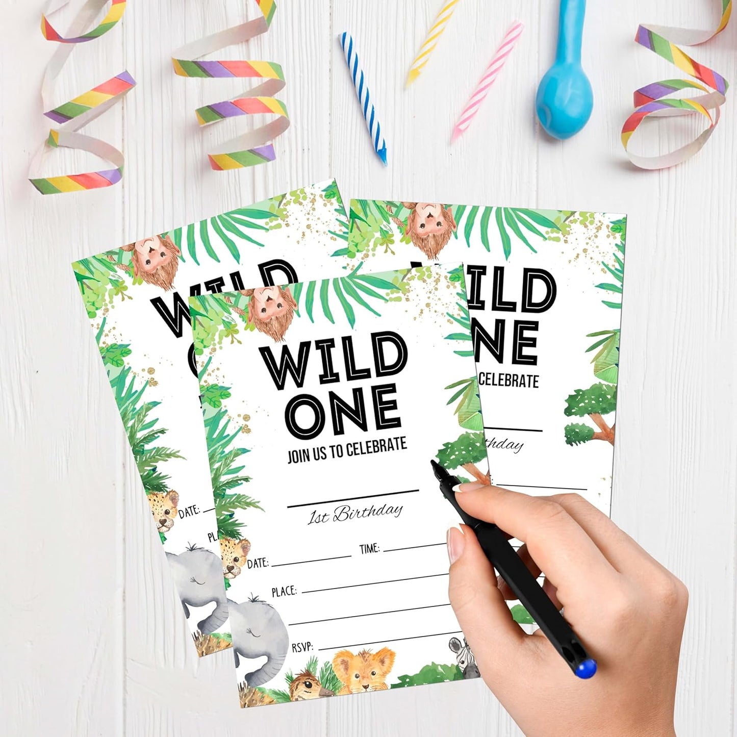 Wild One Birthday Invitations, 20 Invitation Cards with Envelopes, Safari Zoo Invites for Party Decorations Favor Supplies - A16