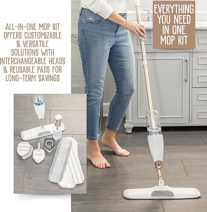Quick Shine Ultimate Gold Spray Mop Kit | All-in-One 10 Piece Kit w/ Interchangeable Attachments | No Batteries Needed | Pro Cleaning System for All Floor Types | 2-in-1 Mop