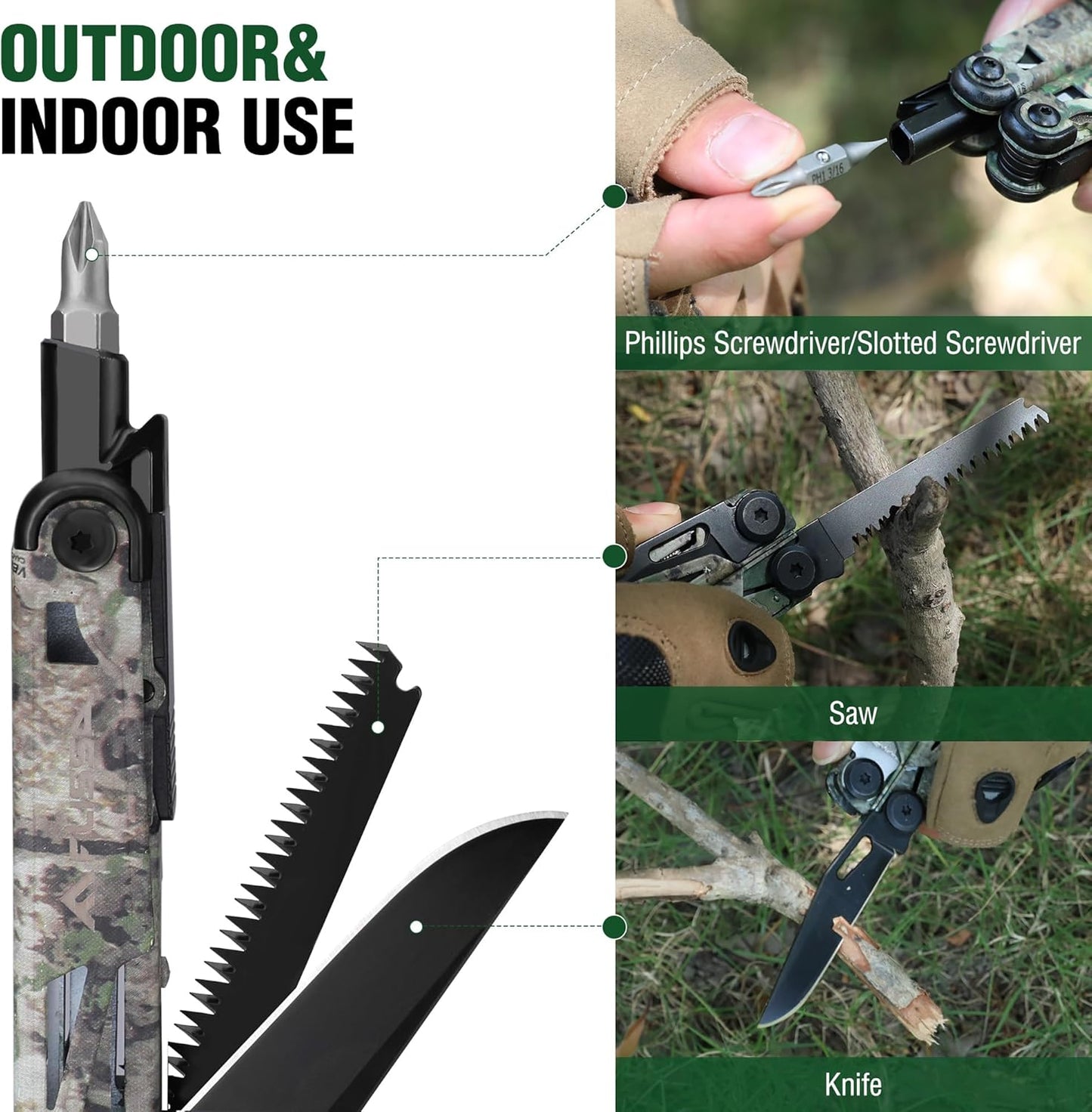 FLISSA Multitool, 15-in-1 Multi Tool Pocket Knife with Sheath, Stainless Steel EDC Multitool Pliers for Men, Camo All-in-One Tools for Camping, Fishing, Survival