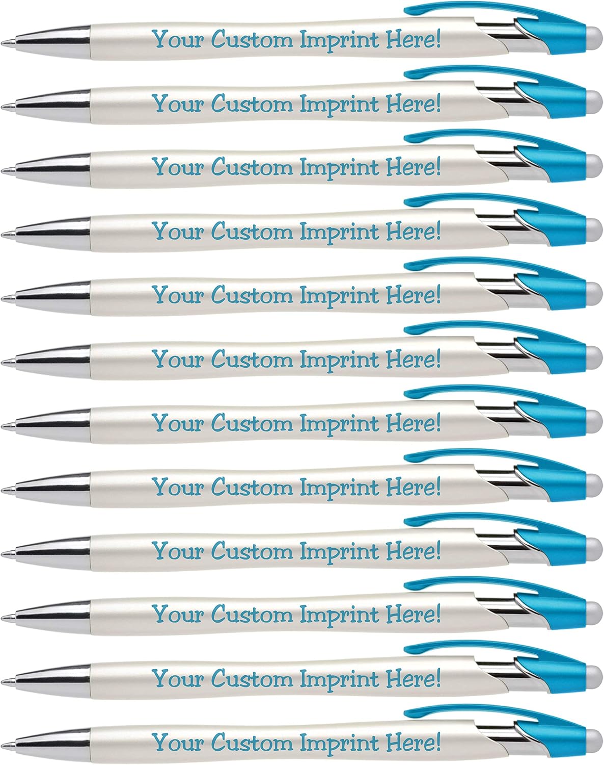 ExpressDesigns™ - Custom Pens with Stylus - The Pearl - Personalized Metallic Printed Name Pens with Black Ink - Imprinted with Logo or Message - Great Gift Ideas - 12 pack (Aqua)