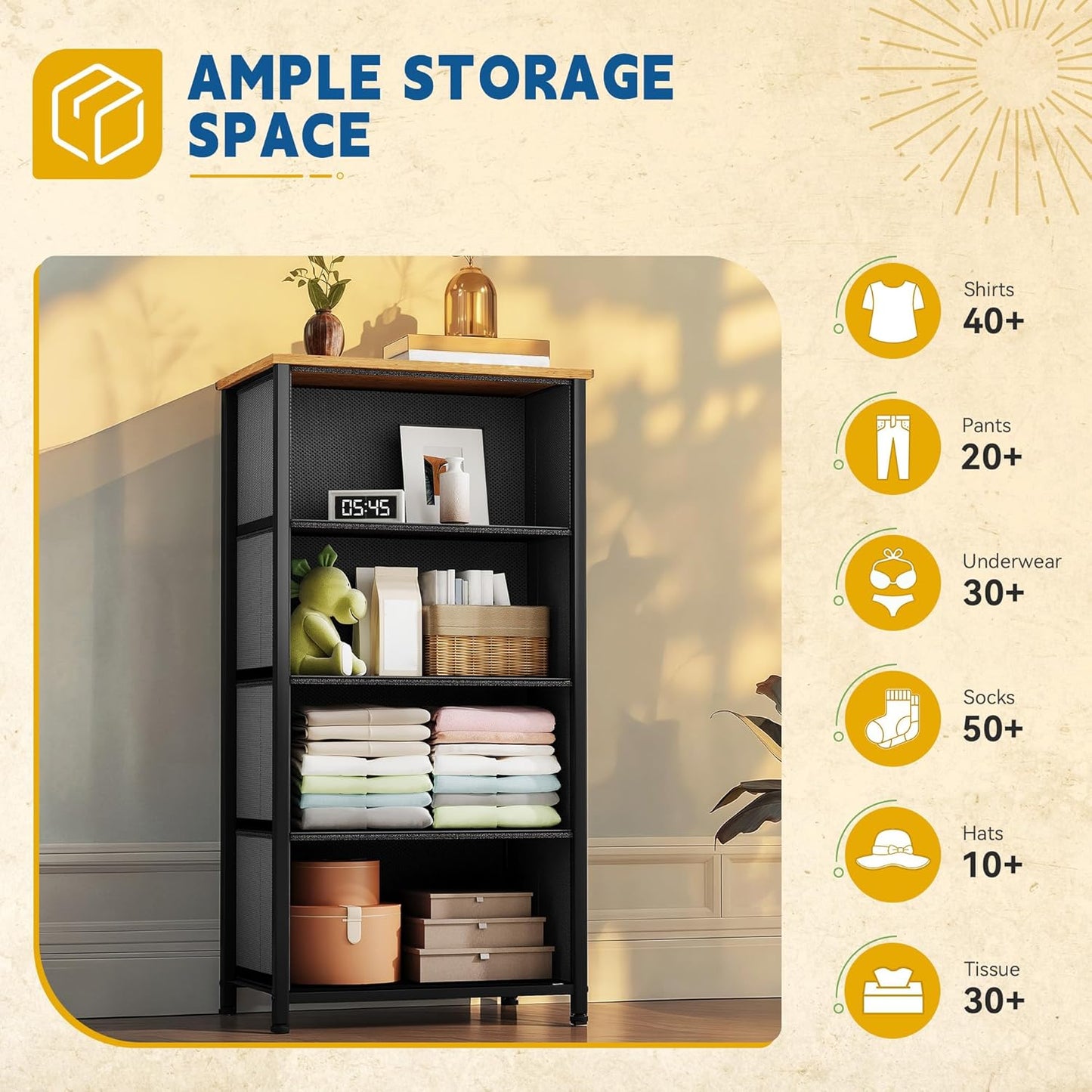 DWVO 4 Drawers Dresser, Small Dresser for Bedroom, Fabric Storage Tower, Chest of Drawers, Organizer Unit for Closets, Living Room, Sturdy Steel Frame, Wooden Top, Easy Pull Handle