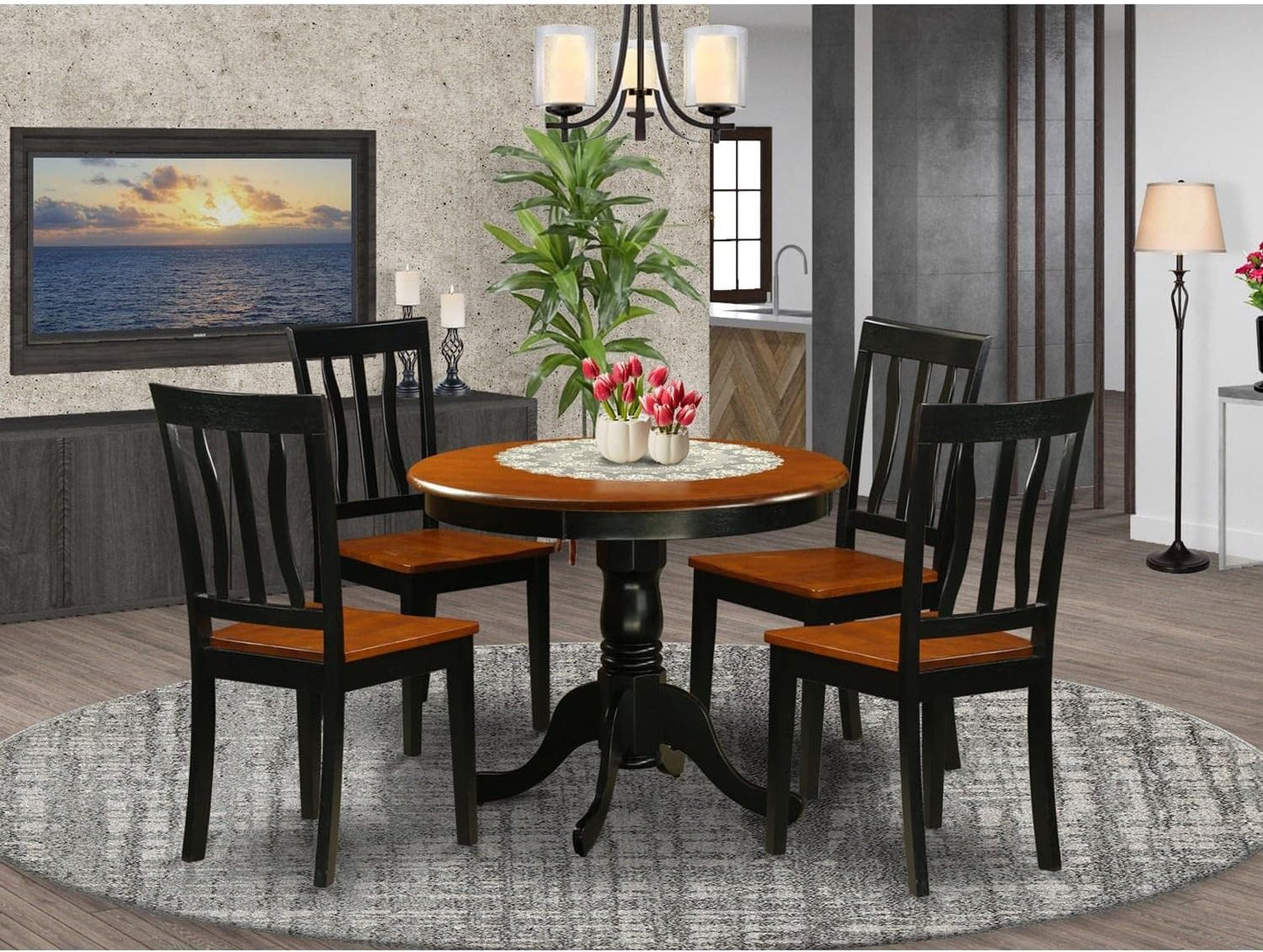 East West Furniture ANTI5-BLK-W 5 Piece Kitchen Table Set for 4 Includes a Round Dining Room Table with Pedestal and 4 Dining Chairs, 36x36 Inch, Black & Cherry