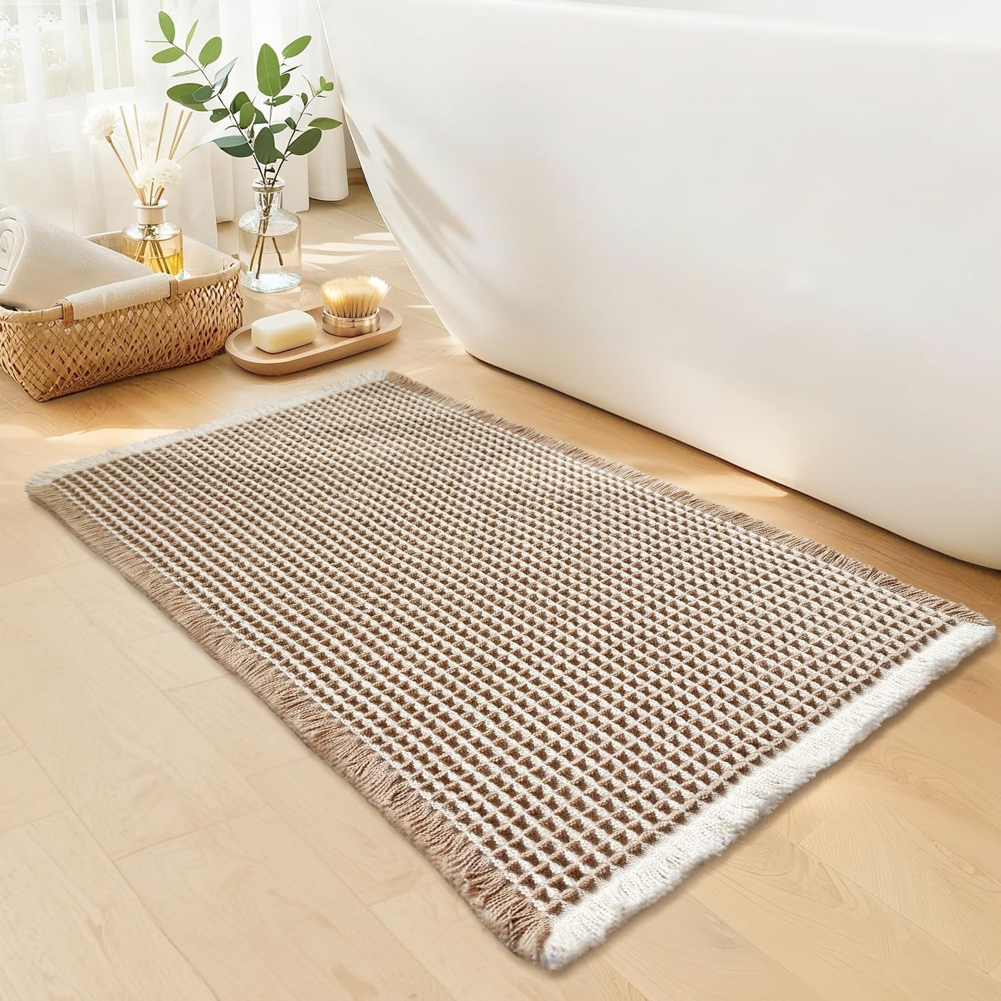 Waffle Bath Mat - Boho Bathroom Rugs Non Slip Washable, Super Absorbent & Quick Dry, Soft Bath Mat Farmhouse Bathroom Decor, 24'' x 36'', Khaki and White