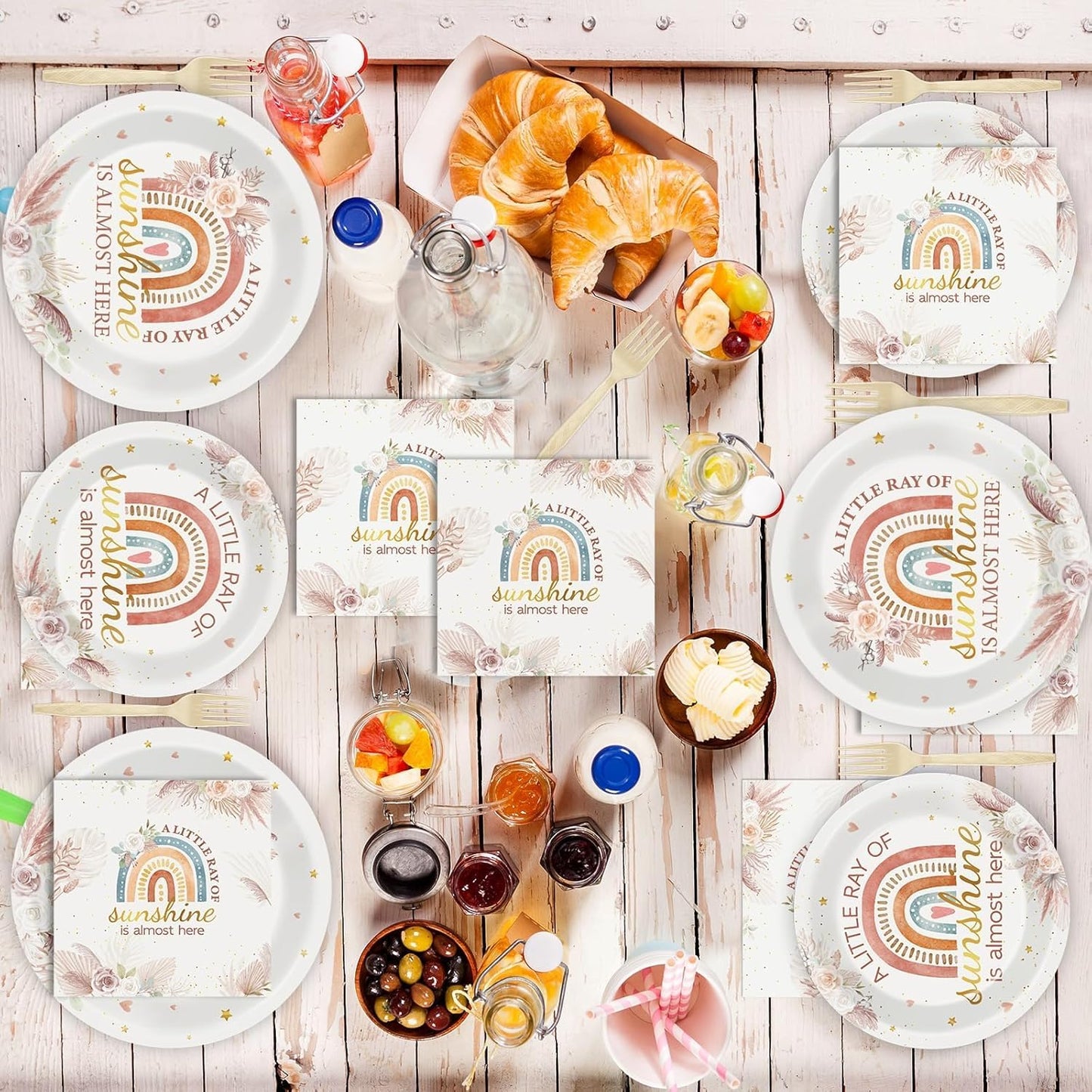 96 Pcs Boho Rainbow Party Decorations Floral Boho Tableware Set Boho Rainbow Birthday Plates Napkins Forks for Girl Boy Baby Shower Ray of Sunshine Birthday Dinnerware Party Supplies 24 Guests