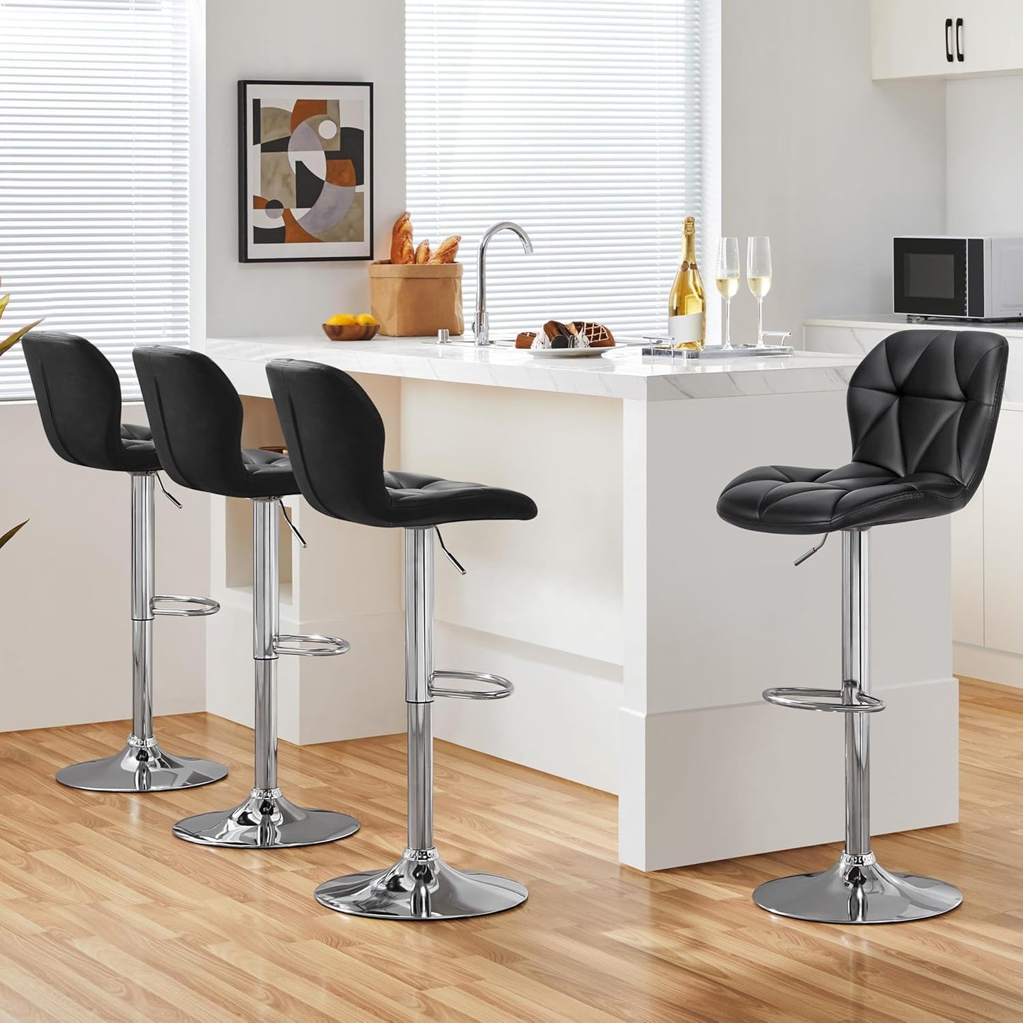 Yaheetech Bar Stools Set of 4, Adjustable PU Leather Swivel Barstools, Modern Counter Stools with Back and Footrest, Counter Height Barstools for Bar, Kitchen, Dining Room, Black