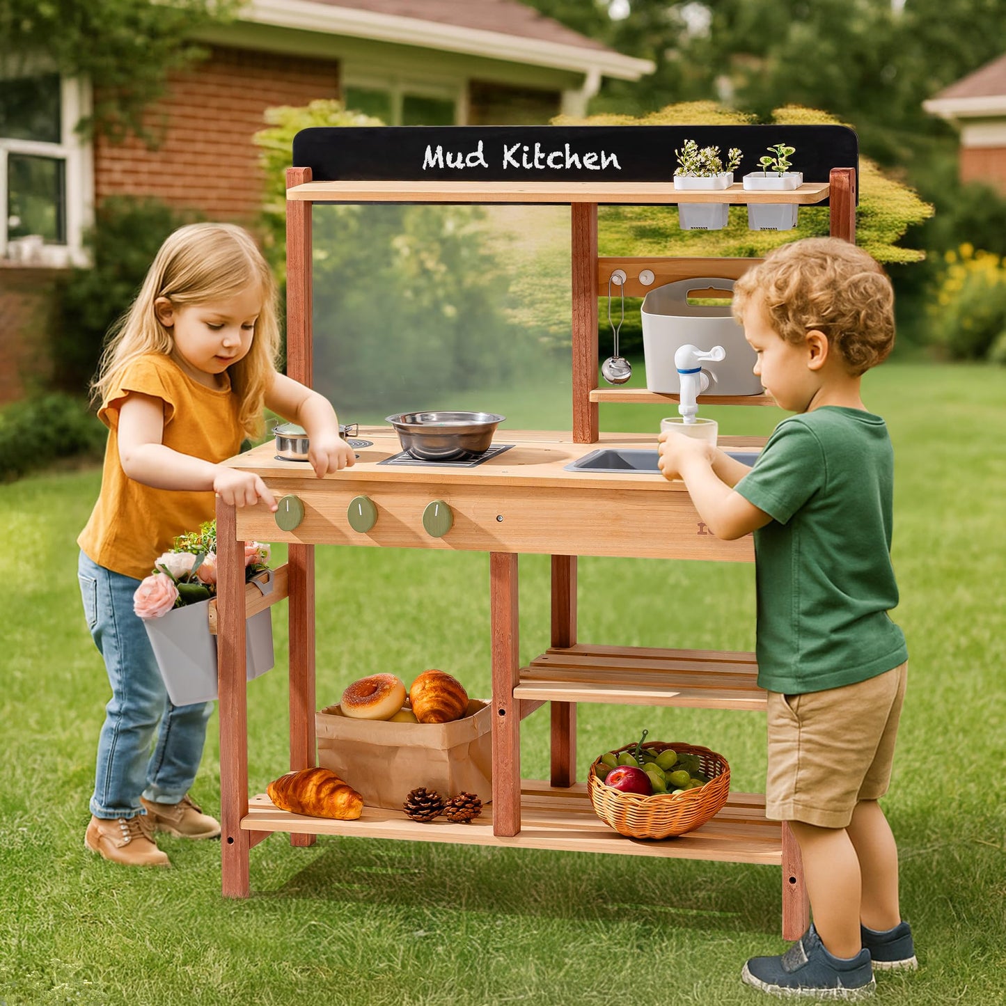 Robud Wooden Mud Kitchen for Kids, Outdoor Pretend Play Kitchen Set with Running Water Sink, Faucet, Planting Pots & Cooking Accessories, Educational Outdoor Toy Gift for Boys & Girls Ages 3+