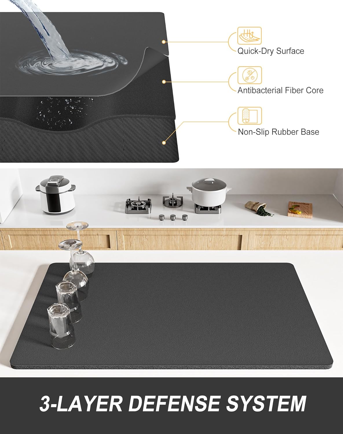 Rnivvi Dish Drying Mat for Kitchen Counter, 12 x 19" Super Absorbent Drainer Pad Easy Clean Dish Rack Pad, Non-Slip Heat Resistant Coffee Bar Mats for Coffee Machine Station Accessories Decor, Gray