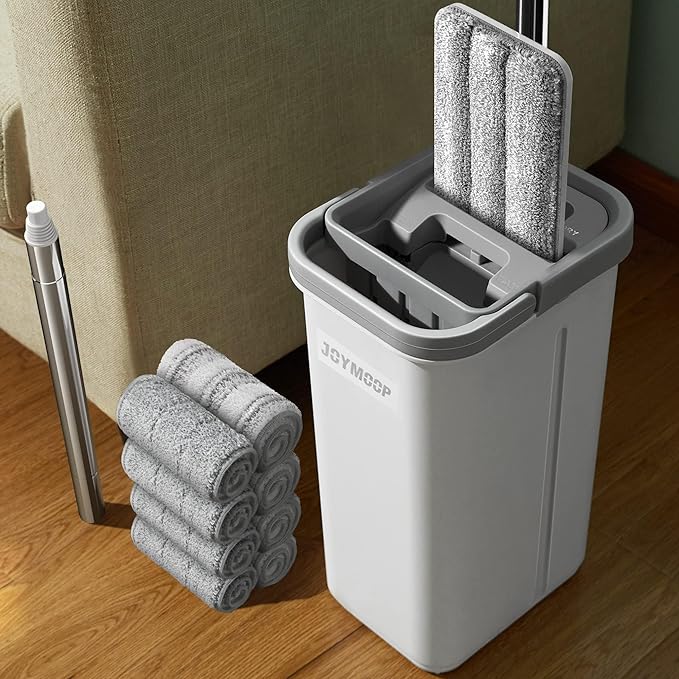 JOYMOOP Mop and Bucket with Wringer Set, Hands Free Flat Floor Mop and Bucket, with 8 Washable Microfiber Pads, Wet and Dry Use, Floor Cleaning System