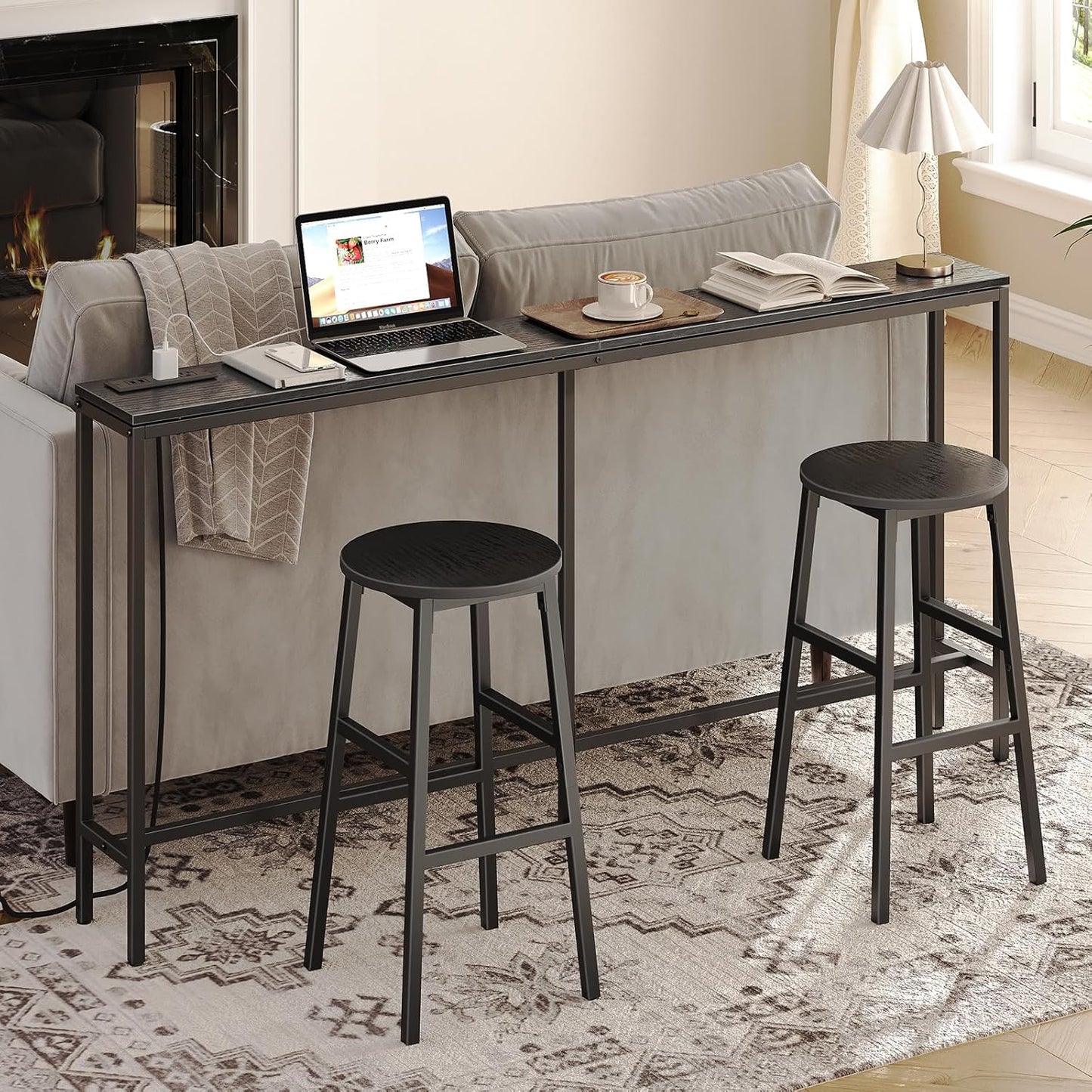 Bar Stools, Set of 2 Round Bar Chairs with Footrest, 24.4 Inch Kitchen Breakfast Bar Stools, Industrial Bar Stools, Easy Assembly, for Dining Room, Kitchen, Black BAHB0201