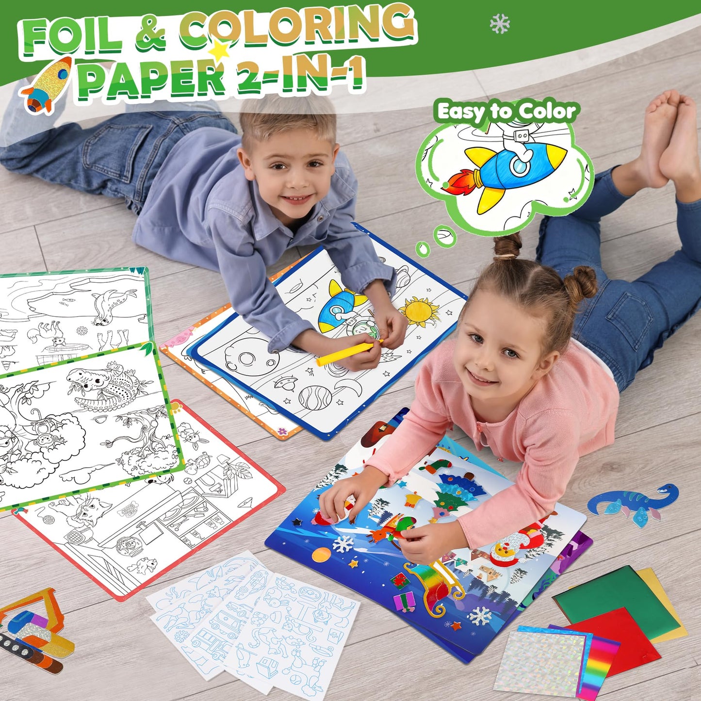Fun Foil Art Craft Kits, 2 In 1 DIY Dinosaur & Space Creative Sticker Coloring Activity, Travel Toys, Arts and Crafts for Kids 4-6, No Mess Art Craft Supplies, 4 5 6 7 8 9 10 Year Old Boy Girl Gifts