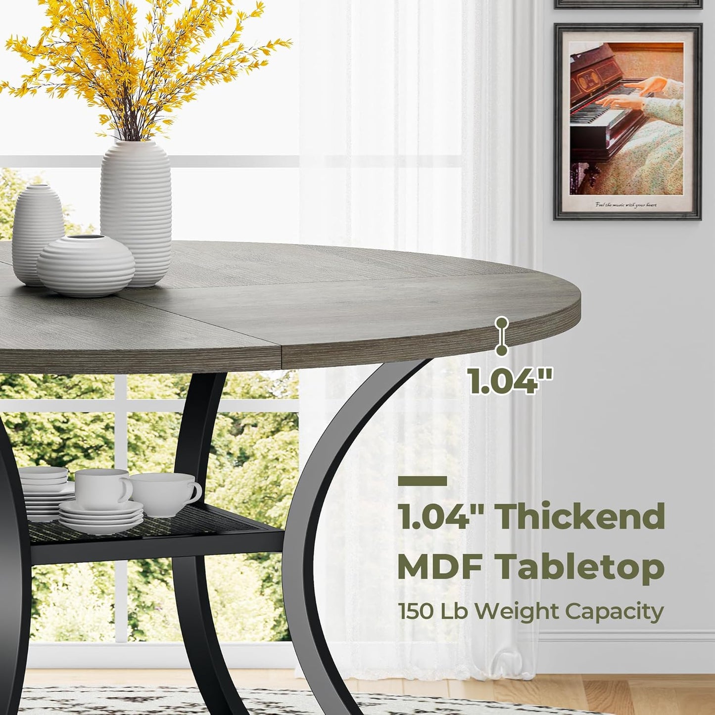 IRONCK 47.2" Round Dining Table for 4, Wood Kitchen Table with Storage Shelf for Dining Room, Dinner Table with Wooden Tabletop and Metal Base, Gray