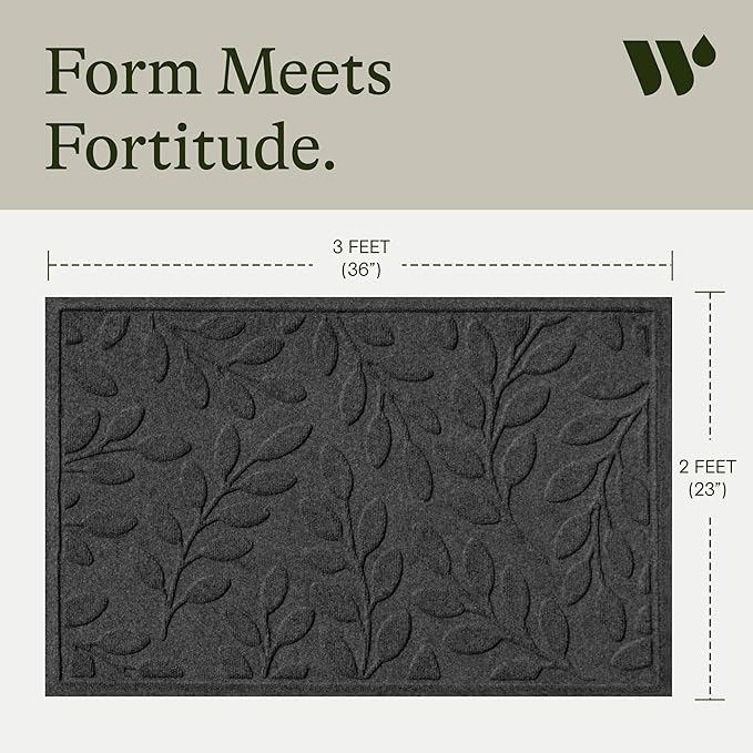 WaterHog Welcome Mat for Indoor/Outdoor, 2’ x 3’, Made in USA, Durable & Water-Resistant, Dirt Trapping Mat, Decorative Front Door and Entryway Rug, Brittney Leaf Design, Charcoal