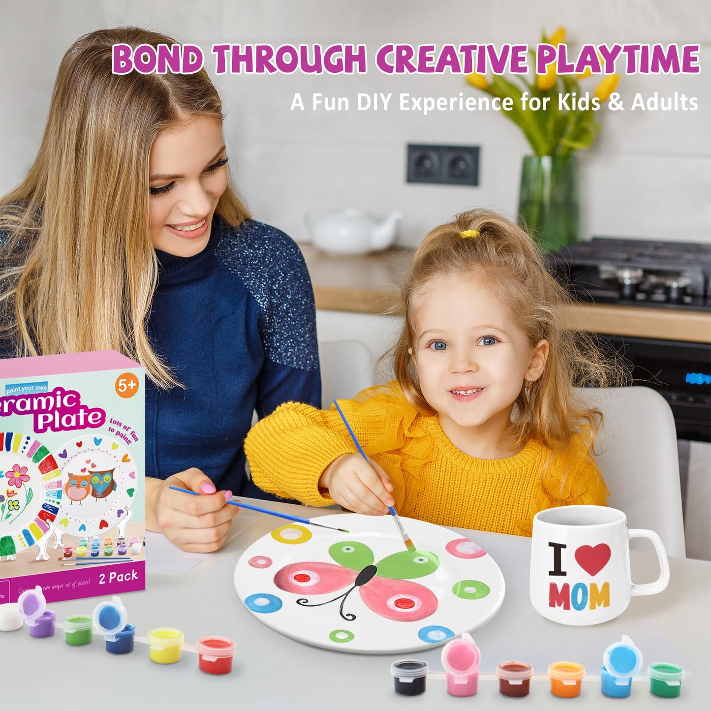 goldentime Ceramic Plate Painting kit for Kids and Adults Including 2 Ceramic Plates to Paint, with 12 Paints, 2 Brushes and 2 Stands - Perfect as DIY Home décor or Gifts for Bithday Christmas