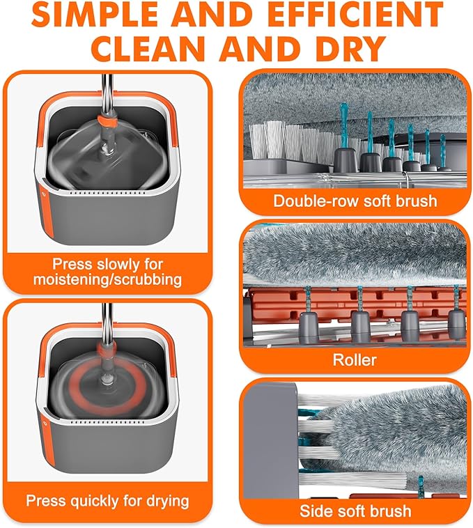 Upgraded Self-Standing Spin Mop and Bucket System, Detachable Inner Mop Bucket Separates Dirty Water & 90° Foldable Head, Triple-Scrub System, 0.9Gal Dual Drainage, for Hardwood Floors (Gray 2 Pads)