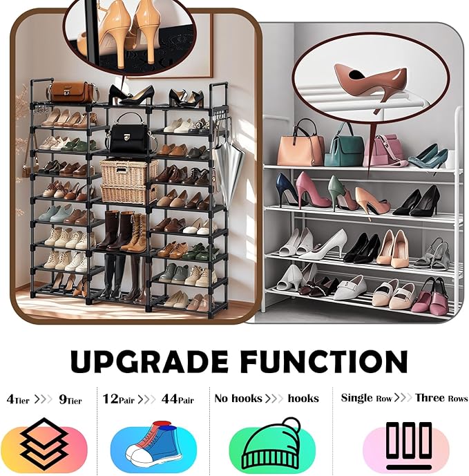 KKU Shoe Rack Organizer, Shoe Organizer Storage Cabinet with 2 Multi-Purpose Hooks Hang up Cloth & Umbrella 9-Tier Portable Closet for Front Door Entrance (Capacity 50-55 Pairs)