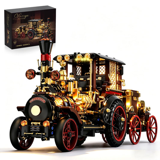 chanbrick Retro Mechanical Steam Car Building Set for Adults, Vintage Steampunk Locomotive Vehicle Engine Kit Collectible Model with Light for Home Office Classic Decor -1331pcs