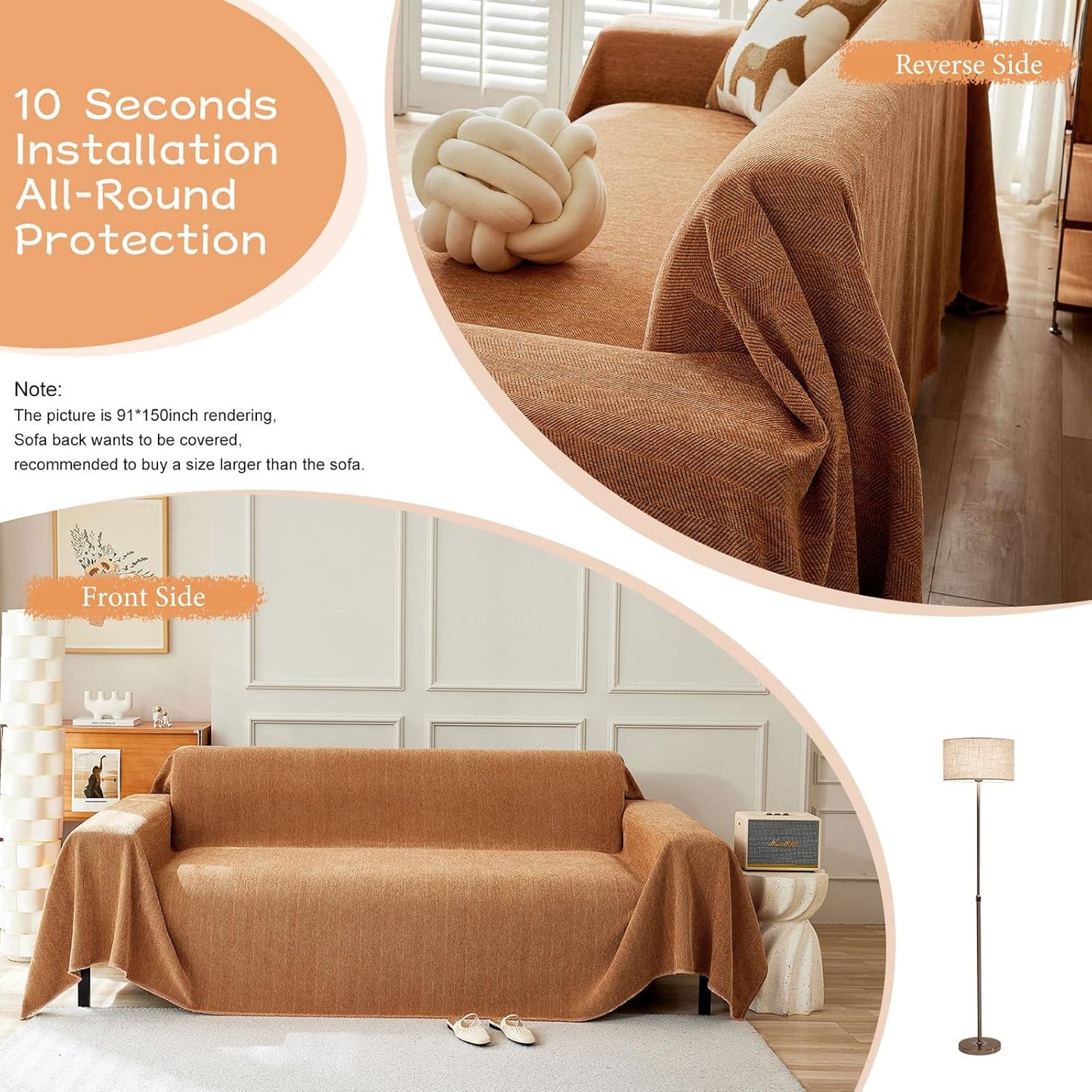 STACYPIK Burnt Orange Chenille Couch Cover, Modern Tangerine Sofa Covers for 3 Cushion Couch, Lovetseat Cover for Sectional, Non Slip L Shaped Covers Pets-Scratch Sofa Slipcover with Tassels-91X150IN