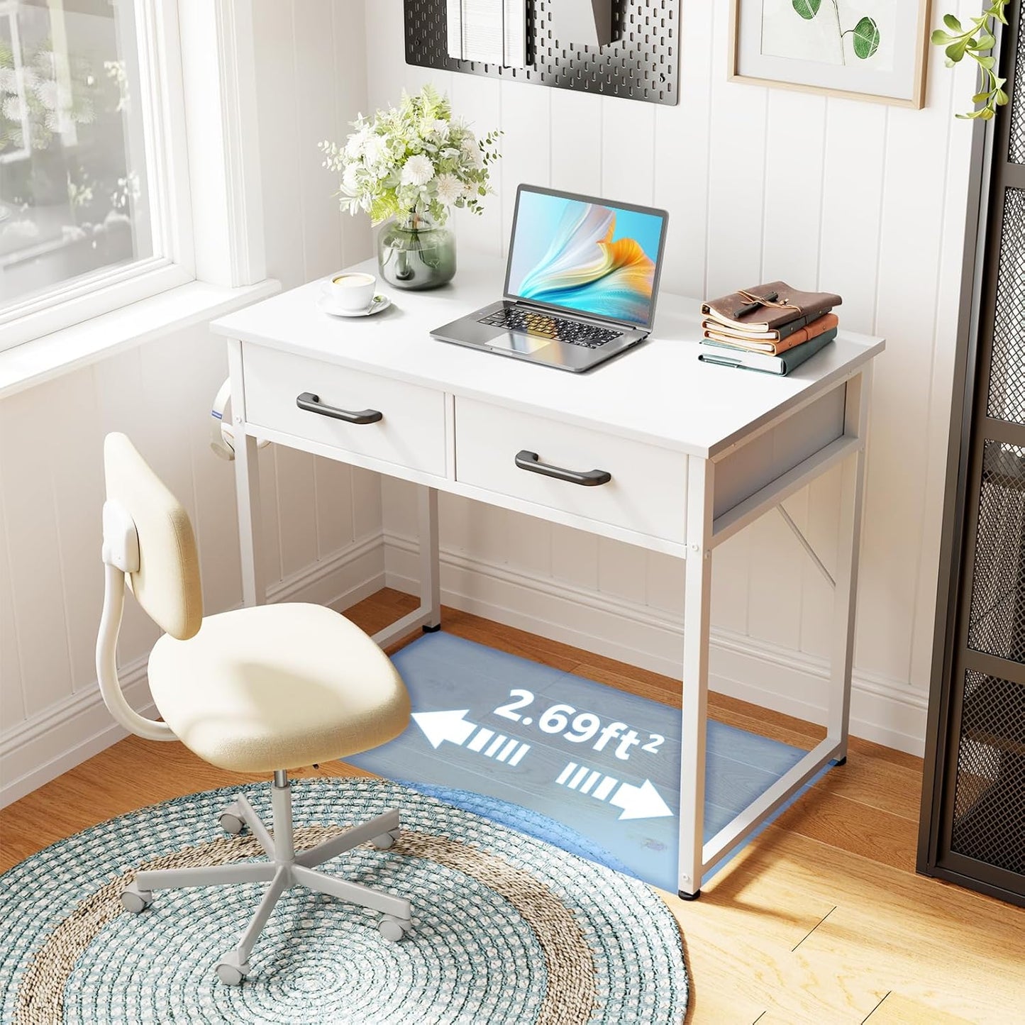 Casaottima 32 Inch Small Office Computer Desk with 2 Drawers & Headphone Hook - Compact Writing Desk for Home Office, Study or Work, Modern Space-Saving Design for Small Spaces, White