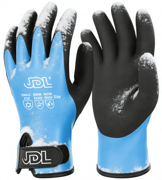 JDL 100% Waterproof Winter Work Gloves for Men & Women, Thermal Insulated Freezer Gloves for Cold Weather, Super Grip Palm, Blue, Large, X-Large