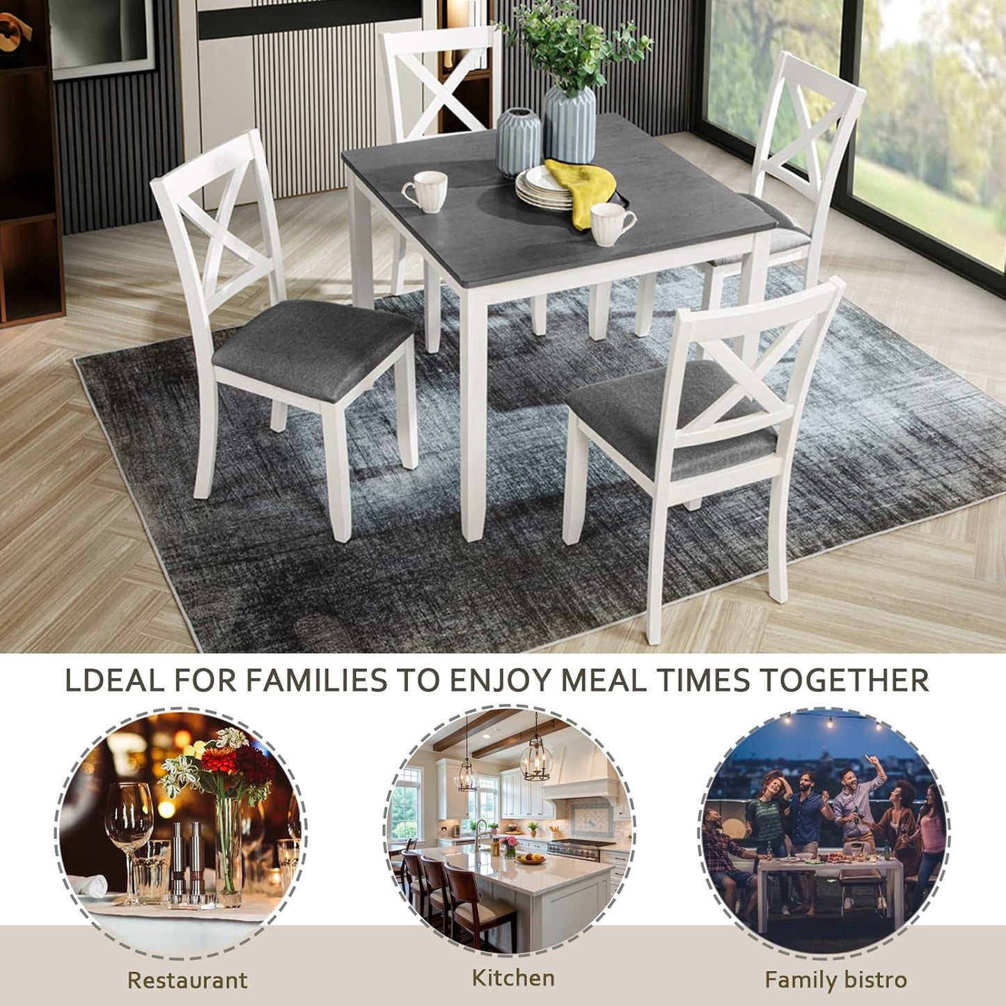 KEIKI 5-Piece Standard Height Dining Table Set with Square Table and 4 X-Shaped Backrest Upholstered Chair, for 4 Person, Modern Wooden Table Set, Easy Assembly, for Kitchen, Dining Room, White+Gray