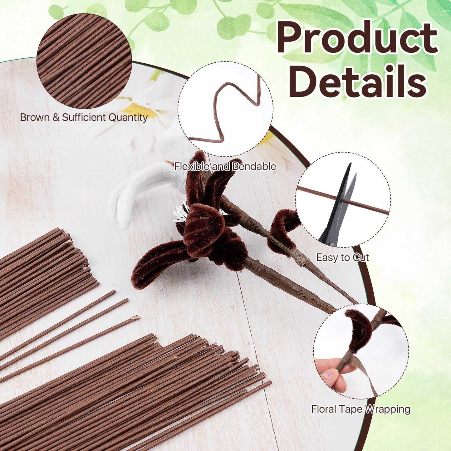 Worldity 120 Pcs Brown Floral Wire Stems, 2 Gauge Faux Flower Stems Brown with 2 Rolls Floral Tape, 15.75 in Floral Stems Wire for Paper Flower, Wreath Making, Artificial Flowers,Florist Supplies