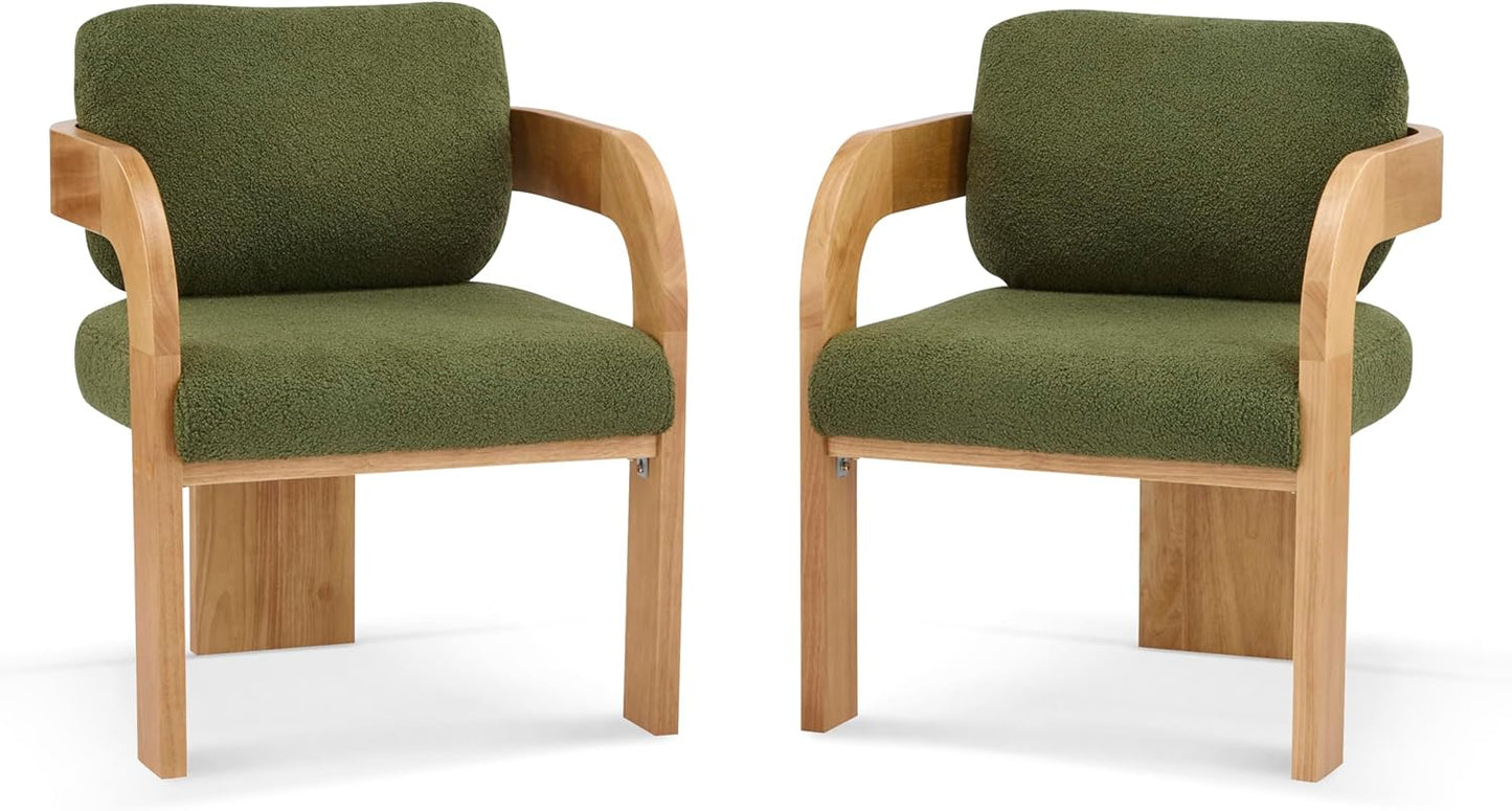 Christopher Knight Home Yorick Modern Boucle Dining Chair Set of 2 with Cushion, Solid Wood Dining Room Armchair Set, Curved Backrest Kitchen Side Chair, Living Room Comfy Extra Seat, Natural+Green