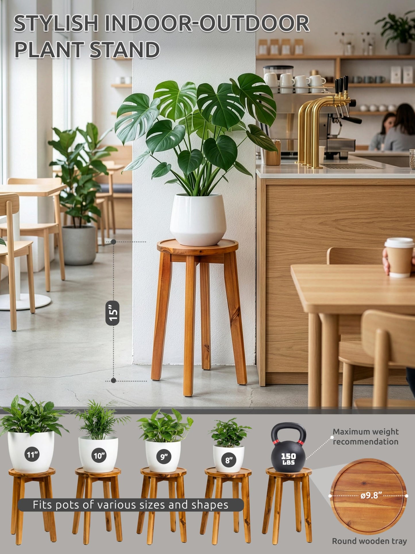 Demigo 15-Inch Tall Plant Stand for Indoor & Outdoor Use, Acacia Wooden Decorative Plant Shelf with Spill-Proof Tray, Flower Holder for Heavy Pots, Gardening Display - Natural Brown