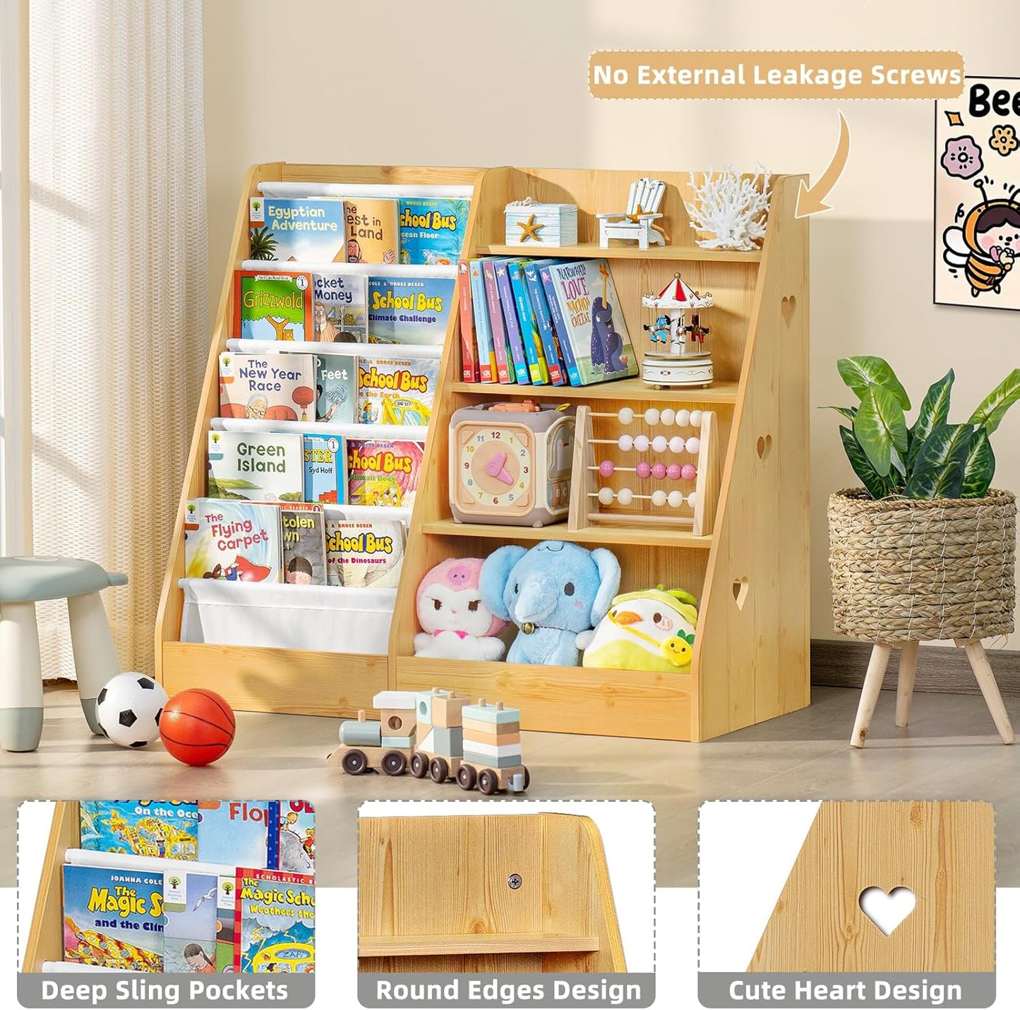 Lerliuo 4 Tier Kids Bookshelf and Storage Organizer, Five Layer Sling Children Bookcase, Baby Toddler Wooden Book Shelf, Display Cabinet for Playroom, Bedroom, Classroom, Nursery, School (Natural)
