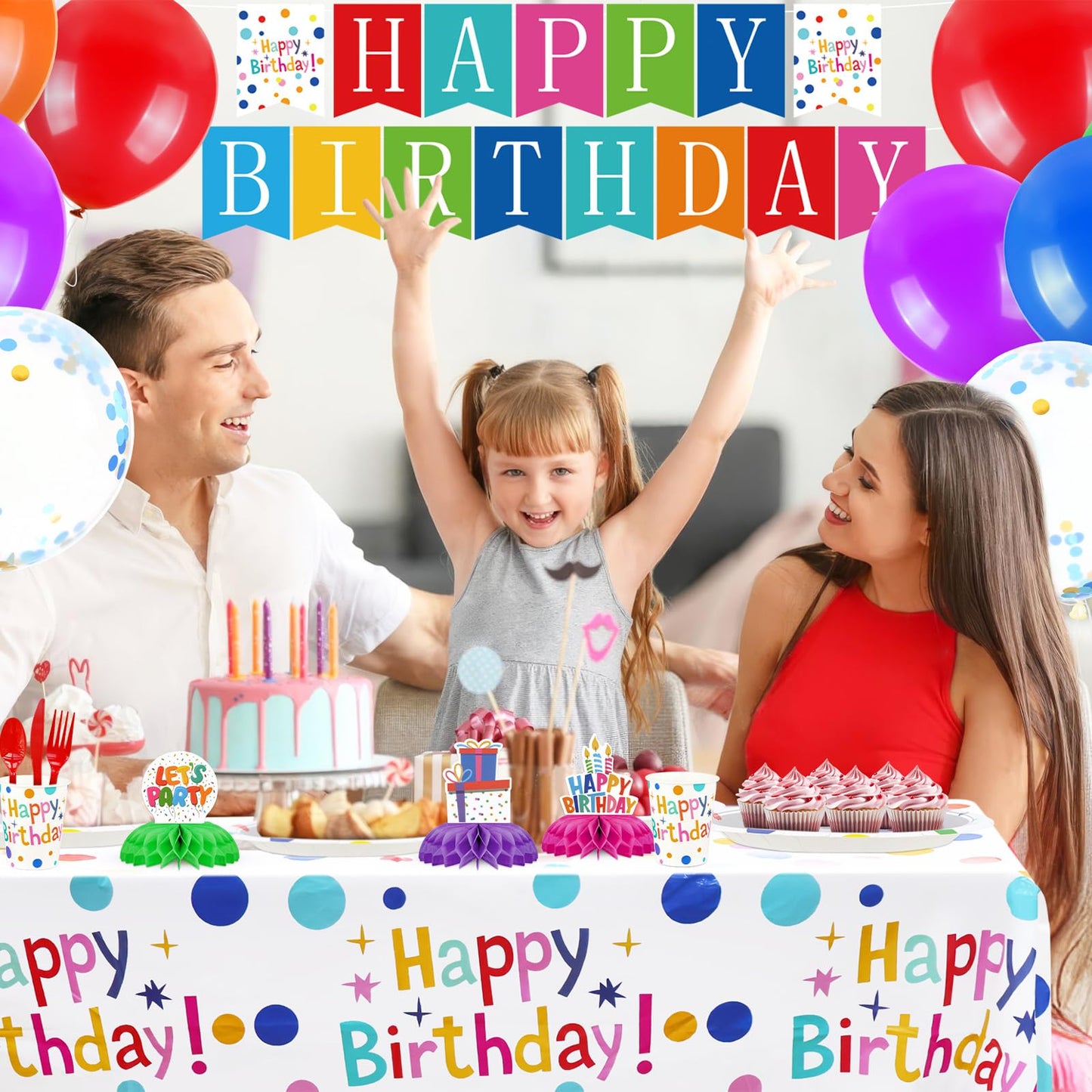 Happy Birthday Decorations – 226pcs Colorful Polka Dots Birthday Party Supplies Set with Plates, Napkins, Cups, Tablecloth, Banner, Balloons & Honeycomb Centerpieces, Serves 25