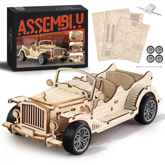 MOCBURIKU 3D Wooden Puzzles Vintage Car Model for Adults, 65pcs Pull Back Toys Car Building Kits for Adults to Build, Desk Decor/DIY Hobbies/Gifts for Boys and Men