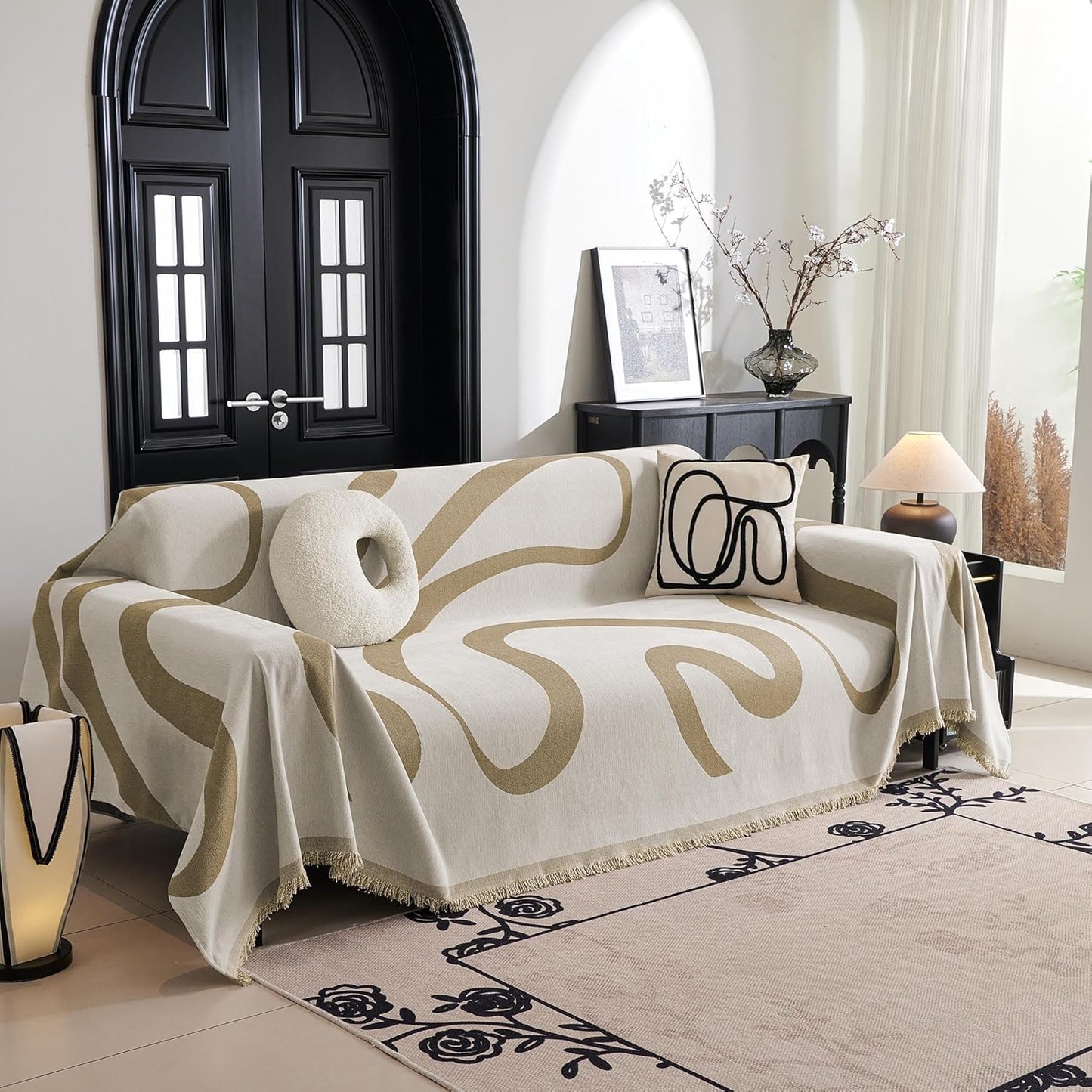 MYSKY HOME Boho Couch Cover Super Soft Couch Covers for 2-3 Cushion Couch Sofa, Modern Khaki Jacquard Sofa Slipcover Loveseat Futon Cover, Couch Covers for Sectional Sofa, 71" x 102", Khaki Curve