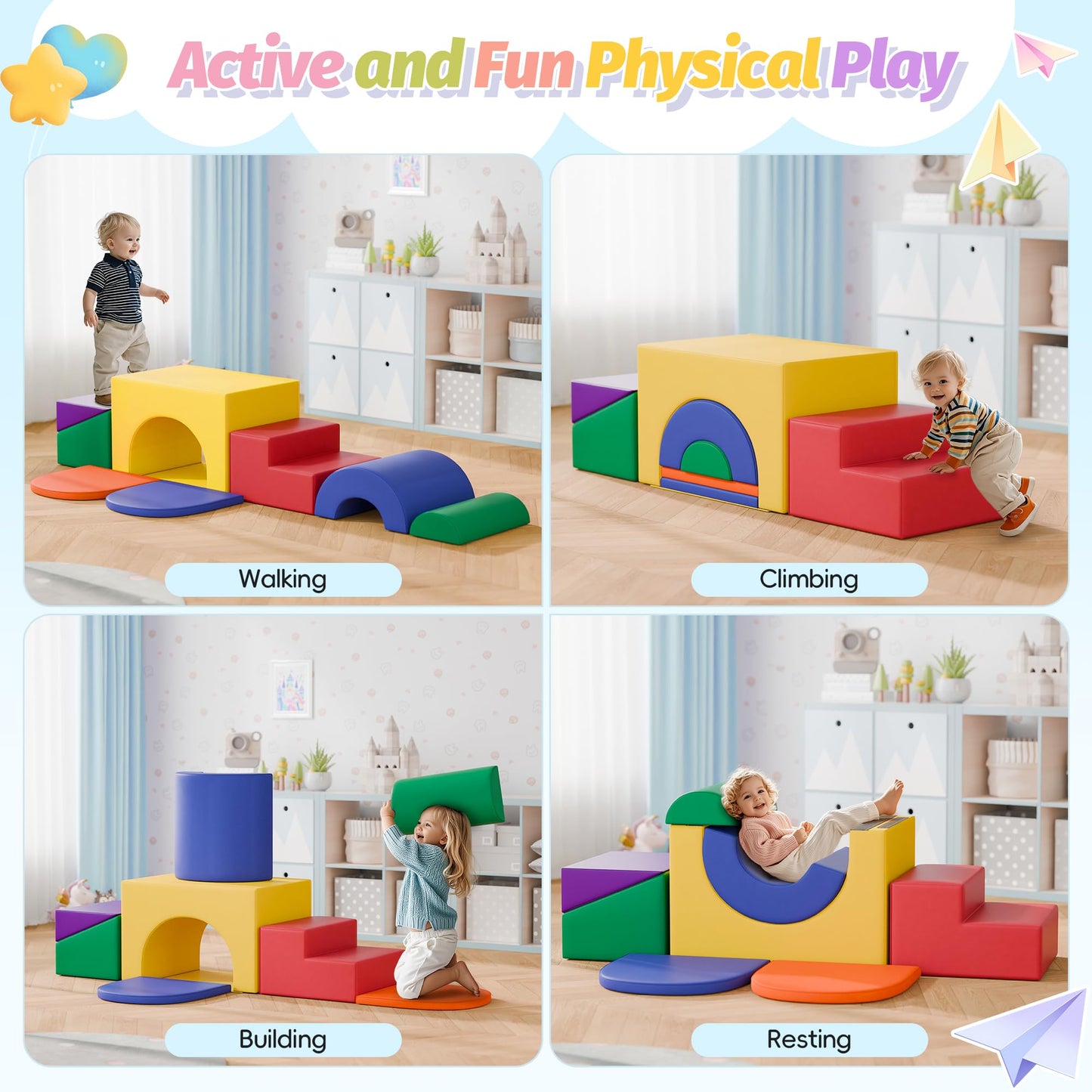 MU ‌Soft Climbing Toys for Toddlers, 7-Piece Baby Soft Foam Climbing Blocks, PU Leather Gym Climb and Crawl Activity Play Set, Indoor Climbing Toys for Kids and Children, Classic