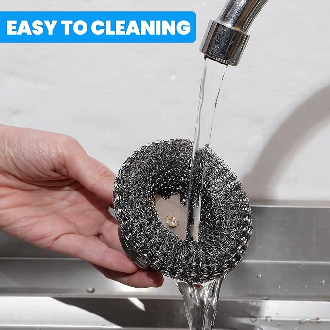 4 Pcs Steel Wool Scrubber with Handle Heavy Duty Metal Pot Scrubber Brush 16 Pcs Stainless Wool for Cleaning Dishes Pans Steel Scouring Pad for Kitchen Cast Iron Sink Griddles Grills