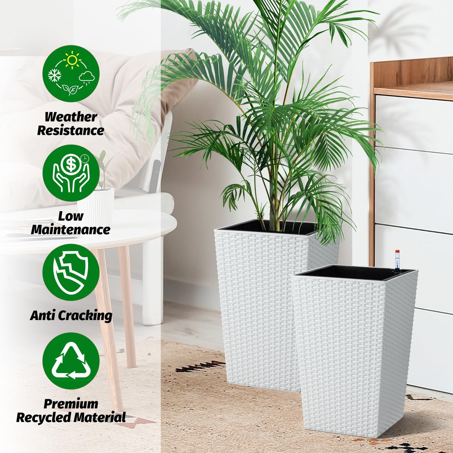 Tall Planters Set of 2, with Large Outdoor & Indoor Pots with Drainage Holes, Water Level Gauge, Inner Insert, Trays & Wheels, Auto-Watering Front Porch Planters for Terrace, Home, Office,White