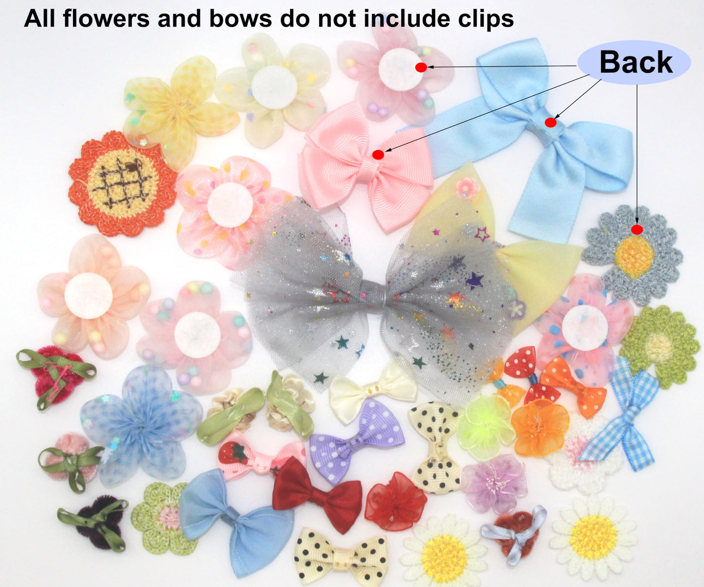 100 Pcs Satin & Organza Ribbon Bows Flower, Lace Patches Bead Appliques for Crafts, Sewing, Hair Bows, Headbands, Wedding Christmas Party Gift Decoration (Mixed)