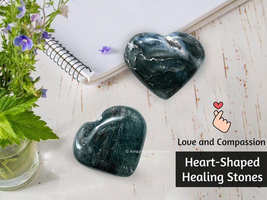 Moss Agate Crystal Heart Palm Stone - Pocket Massage Worry Stone for Natural Body Chakra Balancing, Reiki Healing and Crystal Grid