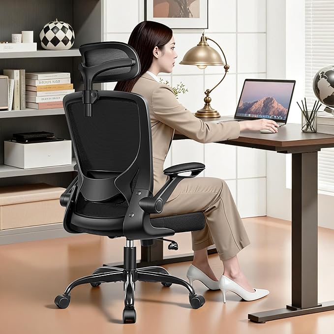 Ergonomic Office Desk Chair Comfy, High Back Mesh Office Desk Chairs with Adjustable Lumbar Support, Headrest, Flip-up Armrests, Home Computer Chair for Gaming, Work, Black