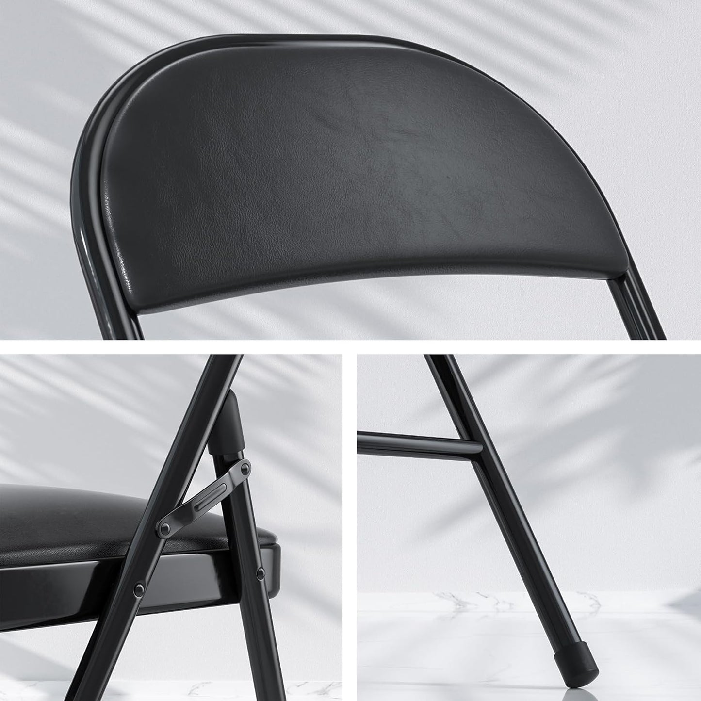 VECELO 4-Pack Folding Chairs Portable Metal with Ultra Soft PU Padded Cushion Seats for Home Office, Black, Square