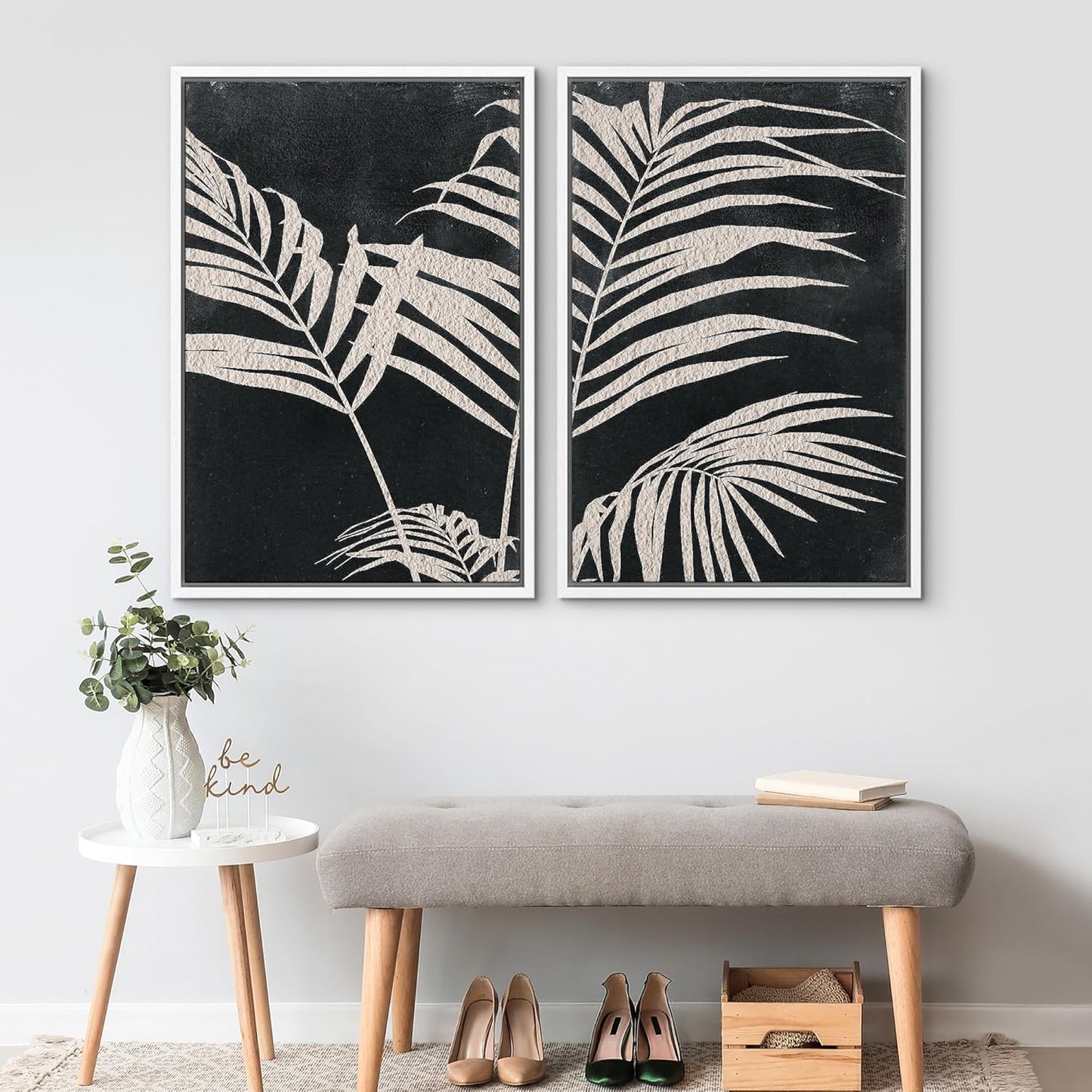 SIGNWIN Framed Canvas Print Wall Art Palm Leaf Print, Minimalist Wall Art, Black White Wall Art Prints for Living Room, Bedroom, Office - 16"x24"x2 White