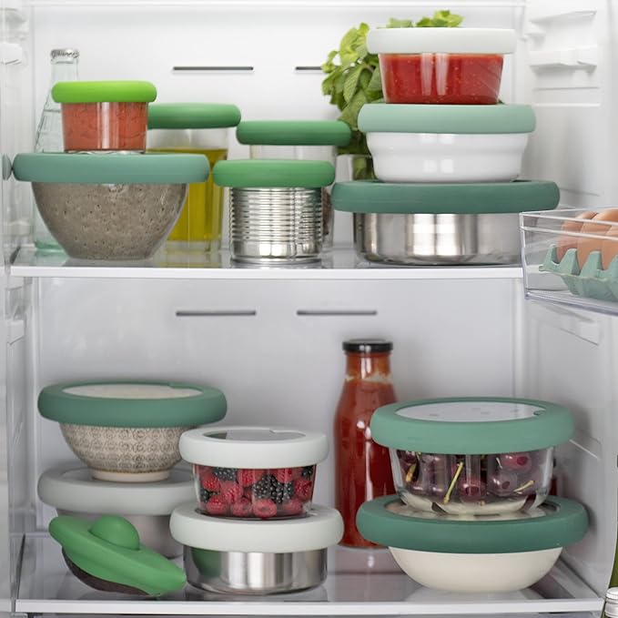 Food Huggers Replacement Lids for Glass Storage Containers | Silicone & Glass Lids that Don’t Crack | Fits Most Round Container Brands & Bowls | 100% Plastic Free | 2 Lid Set (S,M), Gradual Green