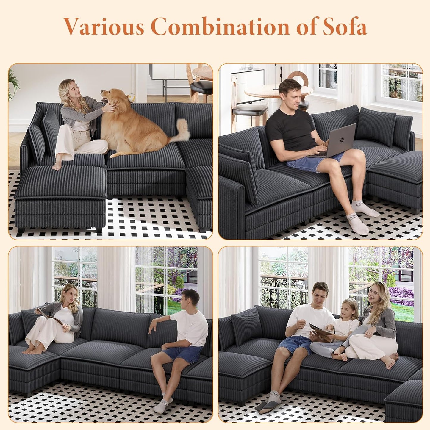 Vesgantti 109" U Shaped Cloud Sectional Sofa, Comfy Corduroy Upholstered Sectional Modular Sofas for Living Room, Modern Modular Couch with 2 Ottoman Deep Seat, Dark Grey