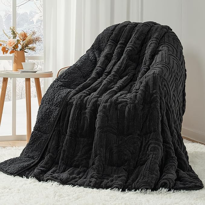 Cottonblue Jacquard Weighted Blanket for Adults 20 lbs Queen Size, Cozy Fluffy Sherpa Fleece Weighted Throw Blankets 60" x 80" for Sleep Relax, Fuzzy Warm Arch Heavy Blanket Soft for Bed Couch, Black