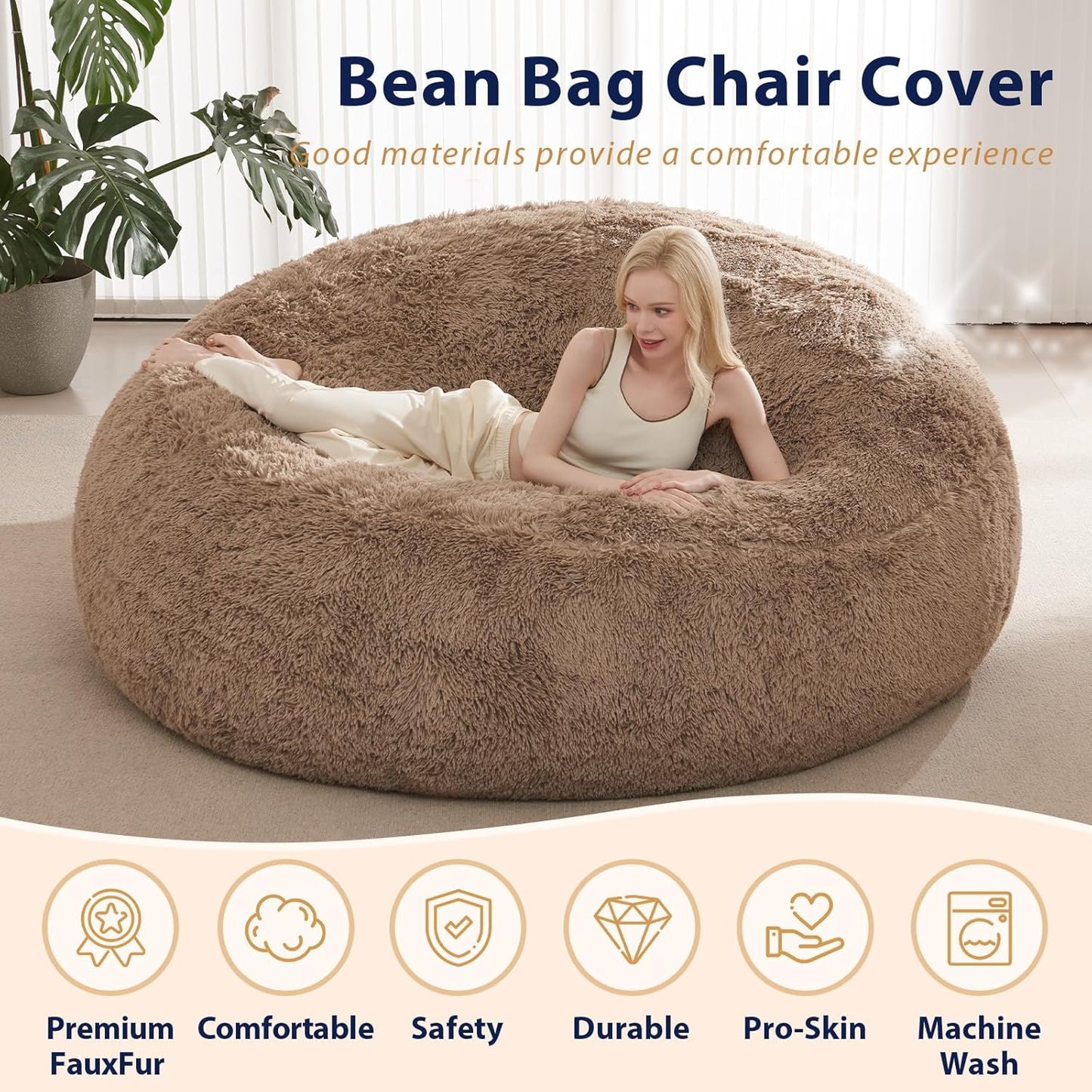 Stuffed Animal Storage Bean Bag Chair Cover (No Filler) Washable Ultra Soft Bean Bag Cover for Organizing Plush Toys or Textile, Sack BeanBag Covers for Adults, Teens, 6FT, Khaki