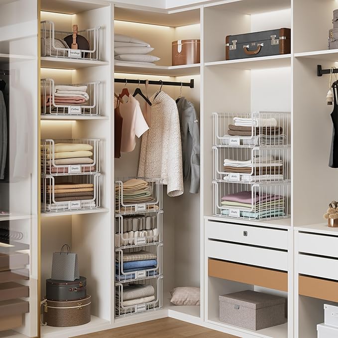 5-Tier Stackable Closet Organizers and Storage, Clothes Shelf Organizer, Foldable Wire Basket Bins, Sweater Storage for Closet and Pantry,11.8" D x 15.7" W, White